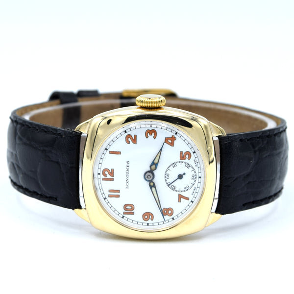 1942 Classic elegant Longines solid 9ct gold cushion Watch with Enamel Dial and Arabic Numerals