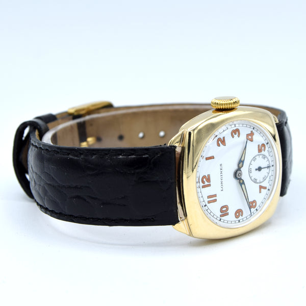 1942 Classic elegant Longines solid 9ct gold cushion Watch with Enamel Dial and Arabic Numerals