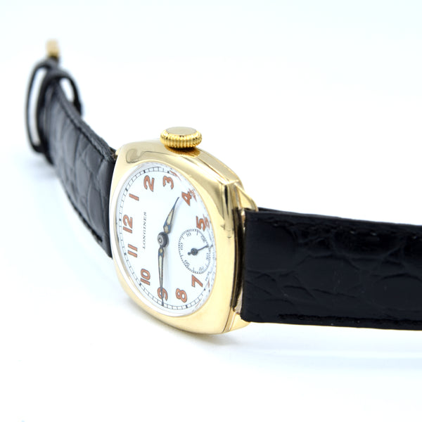 1942 Classic elegant Longines solid 9ct gold cushion Watch with Enamel Dial and Arabic Numerals