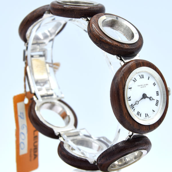 1970s Rare and Fantastic ladies Favre-Leuba NOS unused 'Wood Watch' in silver and wood