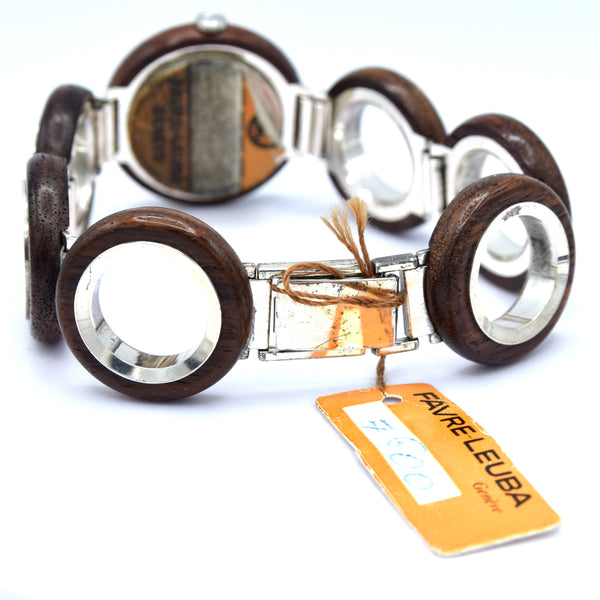 1970s Rare and Fantastic ladies Favre-Leuba NOS unused 'Wood Watch' in silver and wood