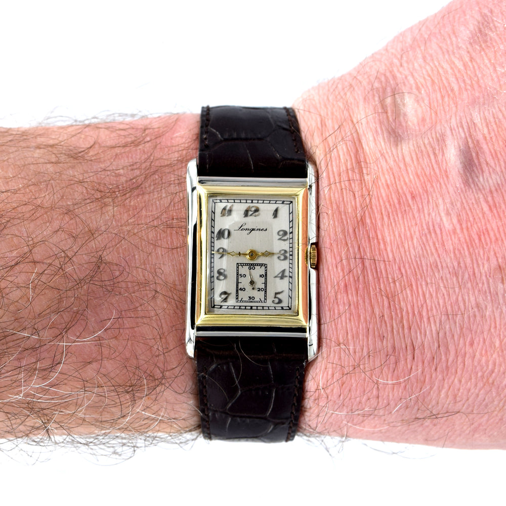 1928 Longines super rare and special Art Deco solid 18k two colour gold tank watch cal 8.28