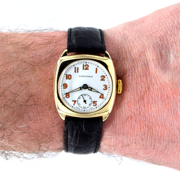 1942 Classic elegant Longines solid 9ct gold cushion Watch with Enamel Dial and Arabic Numerals