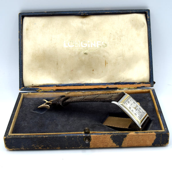 1928 Longines super rare and special Art Deco solid 18k two colour gold tank watch cal 8.28