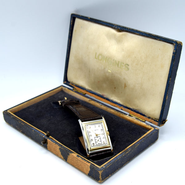 1928 Longines super rare and special Art Deco solid 18k two colour gold tank watch cal 8.28