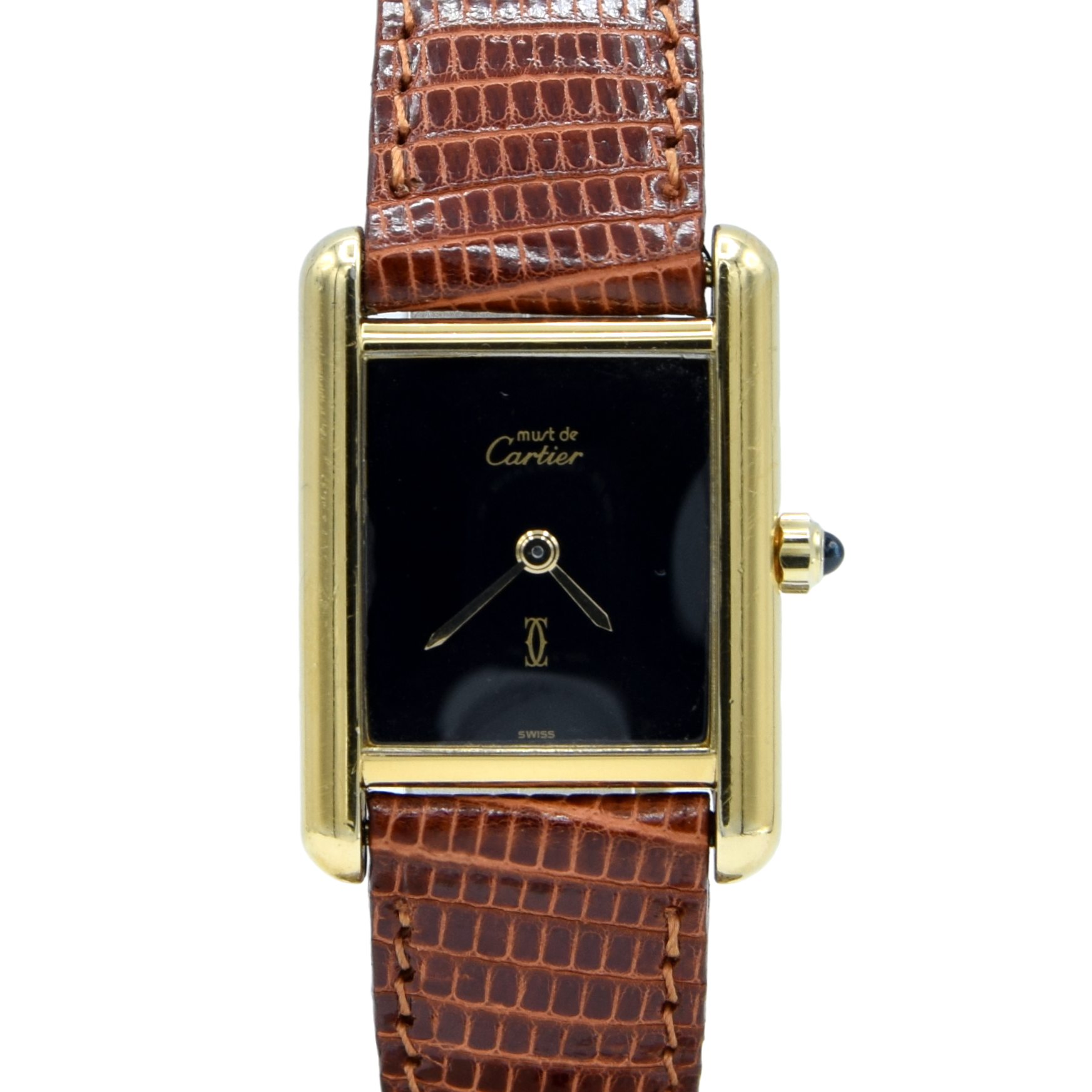 1990s Cartier Ladies Tank Swiss quartz with Black gloss onyx type Dial in 925 Sterling Silver Gilt Vermeil Case with Box