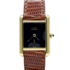 1990s Cartier Ladies Tank Swiss quartz with Black gloss onyx type Dial in 925 Sterling Silver Gilt Vermeil Case with Box