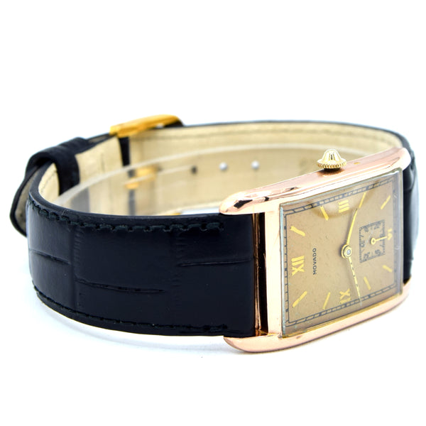 1930s Movado Art deco larger tank - rectangular wristwatch in solid 14ct Gold caliber 470