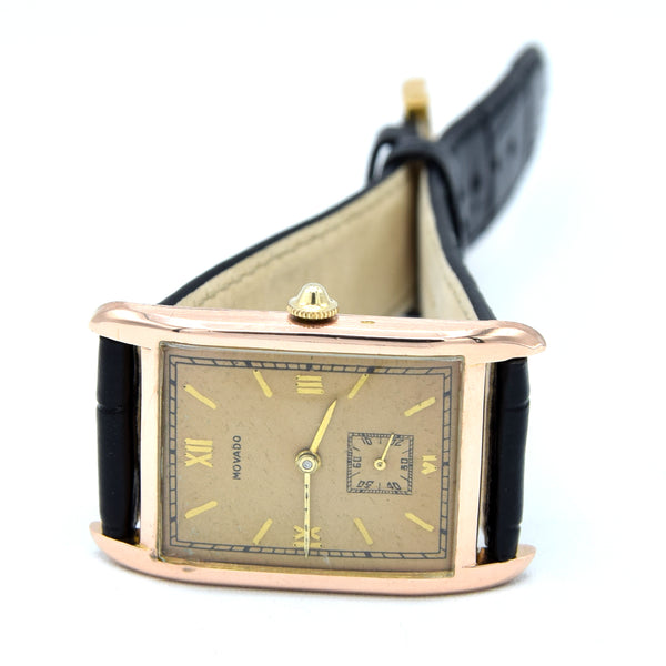 1930s Movado Art deco larger tank - rectangular wristwatch in solid 14ct Gold caliber 470