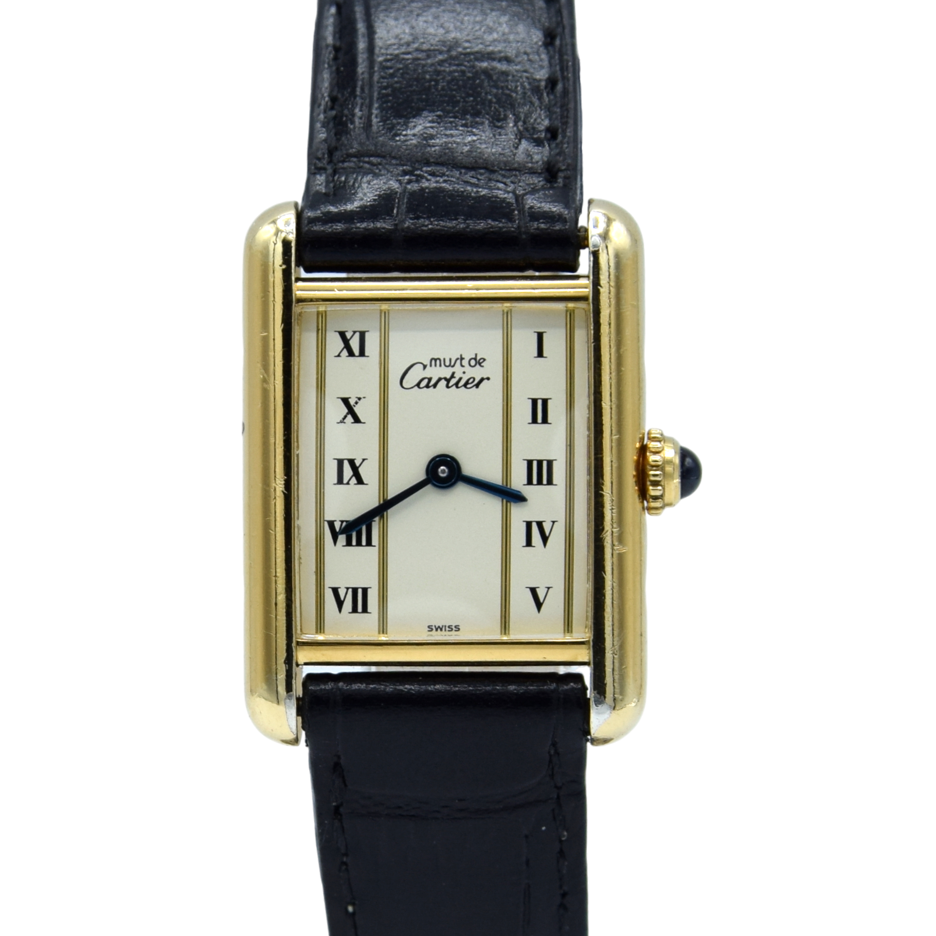 1980s Ladies Swiss Quartz Cartier Tank with unusual Roman rail track Dial in Sterling Silver Gilt Vermeil