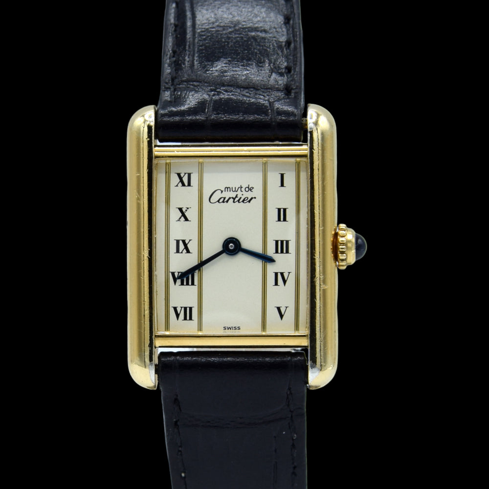 1980s Ladies Swiss Quartz Cartier Tank with unusual Roman rail track Dial in Sterling Silver Gilt Vermeil