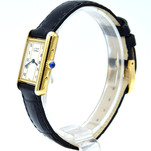 1980s Ladies Swiss Quartz Cartier Tank with unusual Roman rail track Dial in Sterling Silver Gilt Vermeil