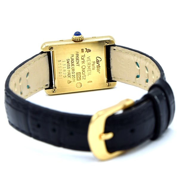 1980s Ladies Swiss Quartz Cartier Tank with unusual Roman rail track Dial in Sterling Silver Gilt Vermeil