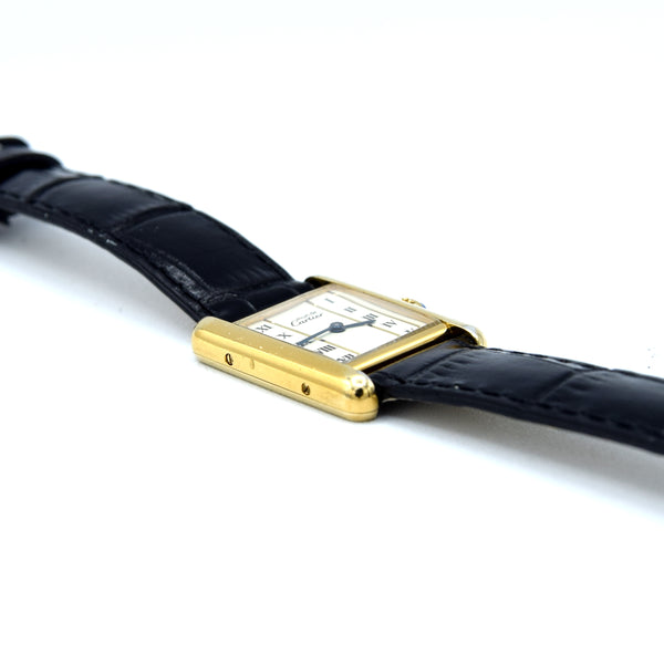 1980s Ladies Swiss Quartz Cartier Tank with unusual Roman rail track Dial in Sterling Silver Gilt Vermeil