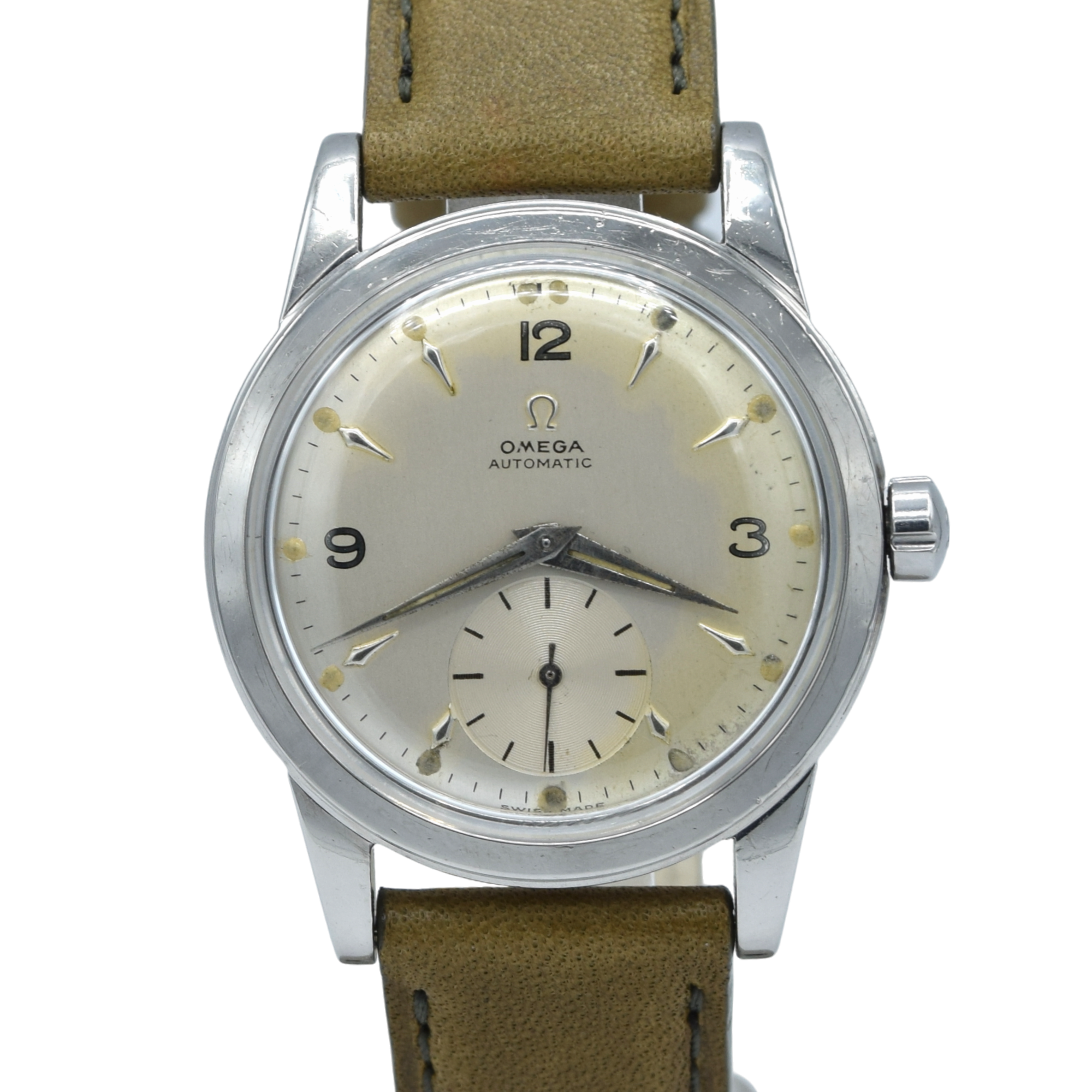 1950 Omega Automatic Bumper with Arabic & Spearhead markers Model 2576 in Stainless Steel
