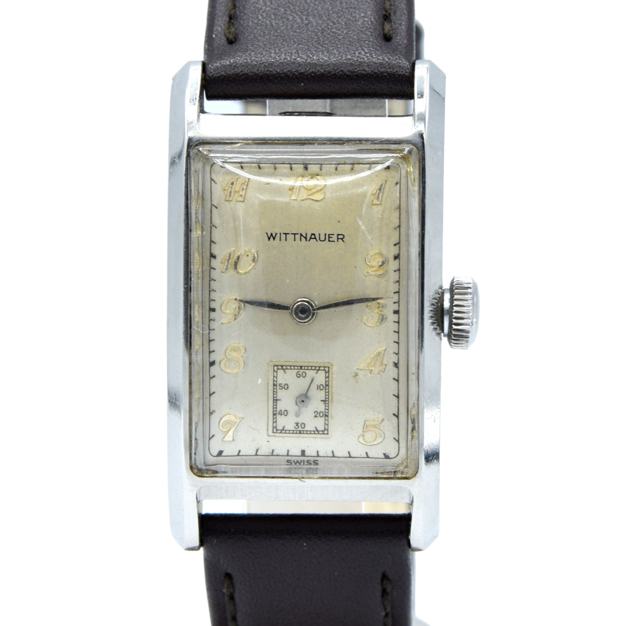 1940s Wittnauer Large steel Rectangular Early moisure resistant Wristwatch with Arabic dial