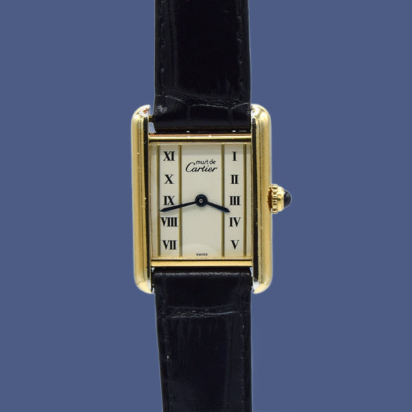 1980s Ladies Swiss Quartz Cartier Tank with unusual Roman rail track Dial in Sterling Silver Gilt Vermeil