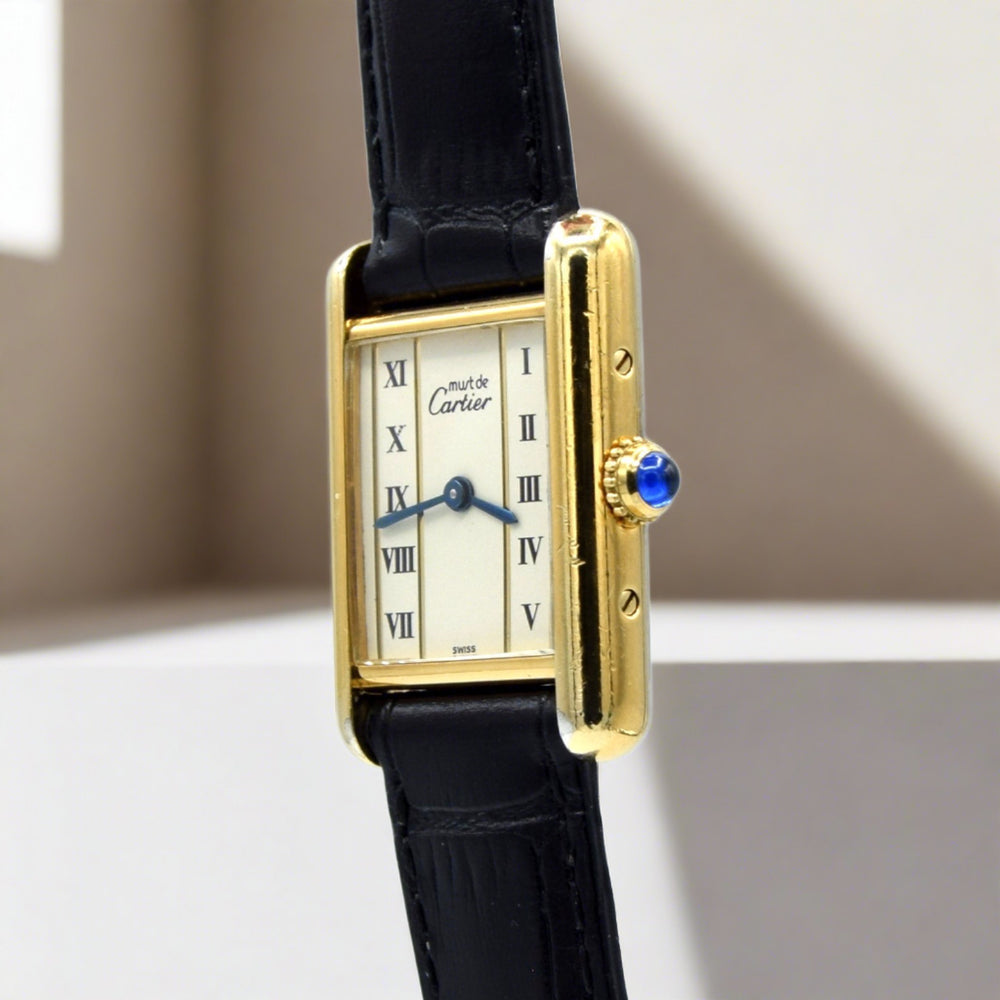 1980s Ladies Swiss Quartz Cartier Tank with unusual Roman rail track Dial in Sterling Silver Gilt Vermeil