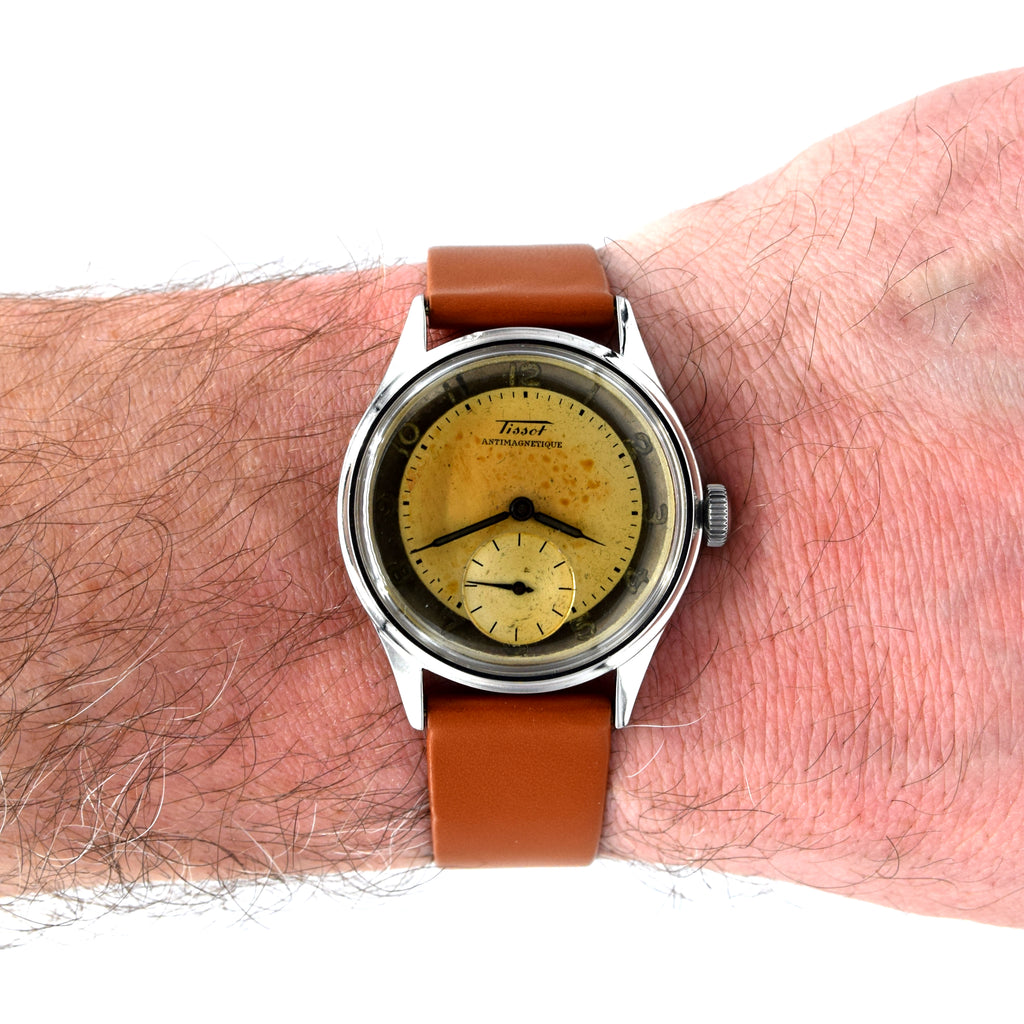 1940s Tissot Anti-Magnetic Manual Wind Wristwatch Model 6426 with Original Two Tone Radial Arabic Numeral Dial in Chrome Front & Steel Back