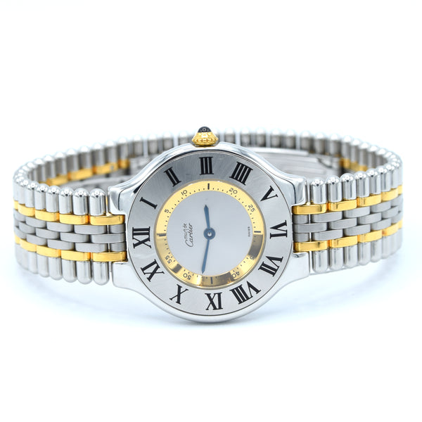 1990s Must De Cartier 21 Unisex Swiss Quartz Wristwatch in Gold and Steel on Bracelet Model 1330