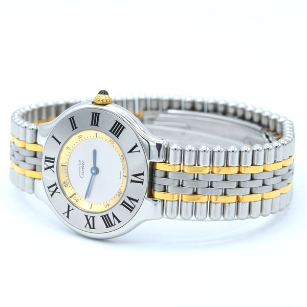 1990s Must De Cartier 21 Unisex Swiss Quartz Wristwatch in Gold and Steel on Bracelet Model 1330