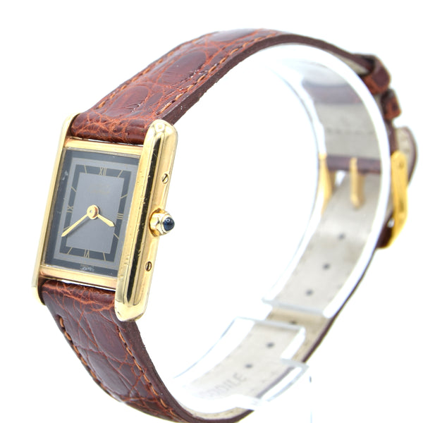 1990s Ladies Swiss Quartz Cartier Tank with Grey and Black Dial with Roman Numerals in Sterling Silver Gilt Vermeil