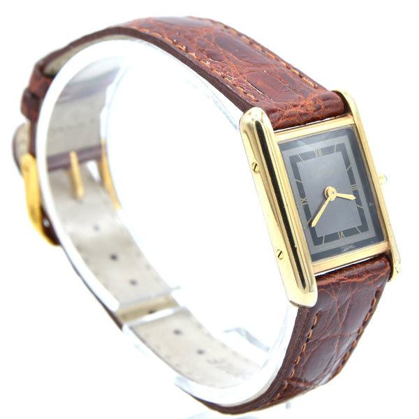 1990s Ladies Swiss Quartz Cartier Tank with Grey and Black Dial with Roman Numerals in Sterling Silver Gilt Vermeil