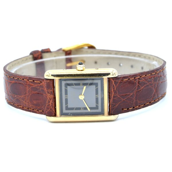 1990s Ladies Swiss Quartz Cartier Tank with Grey and Black Dial with Roman Numerals in Sterling Silver Gilt Vermeil