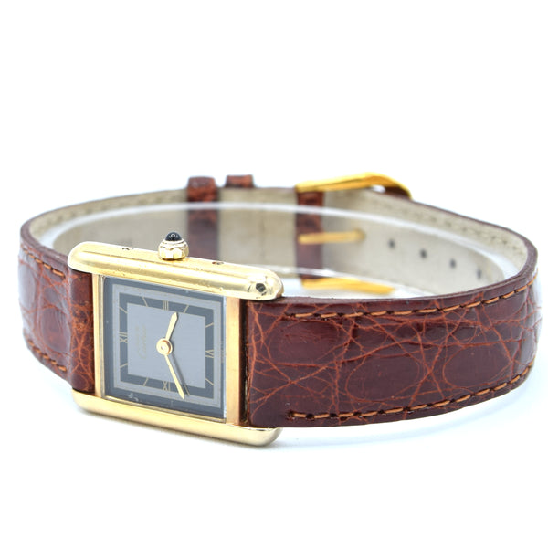 1990s Ladies Swiss Quartz Cartier Tank with Grey and Black Dial with Roman Numerals in Sterling Silver Gilt Vermeil