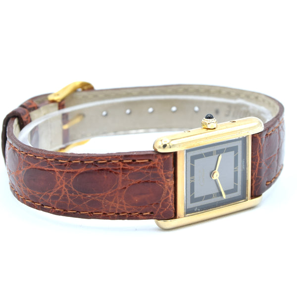 1990s Ladies Swiss Quartz Cartier Tank with Grey and Black Dial with Roman Numerals in Sterling Silver Gilt Vermeil