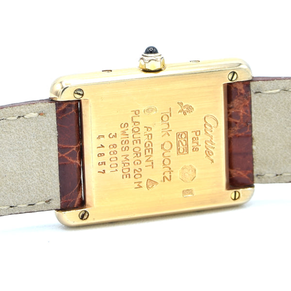 1990s Ladies Swiss Quartz Cartier Tank with Grey and Black Dial with Roman Numerals in Sterling Silver Gilt Vermeil