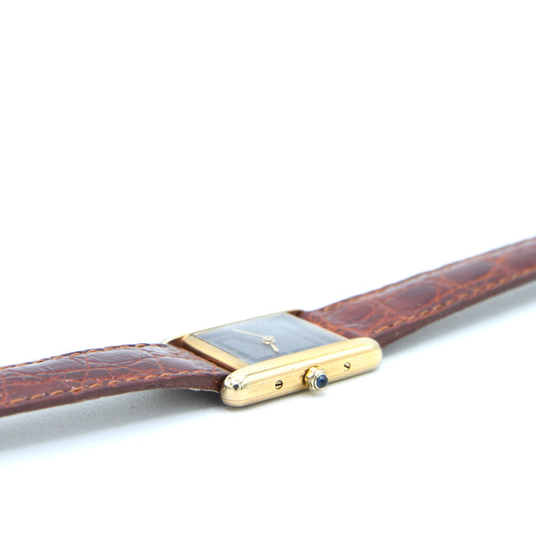 1990s Ladies Swiss Quartz Cartier Tank with Grey and Black Dial with Roman Numerals in Sterling Silver Gilt Vermeil