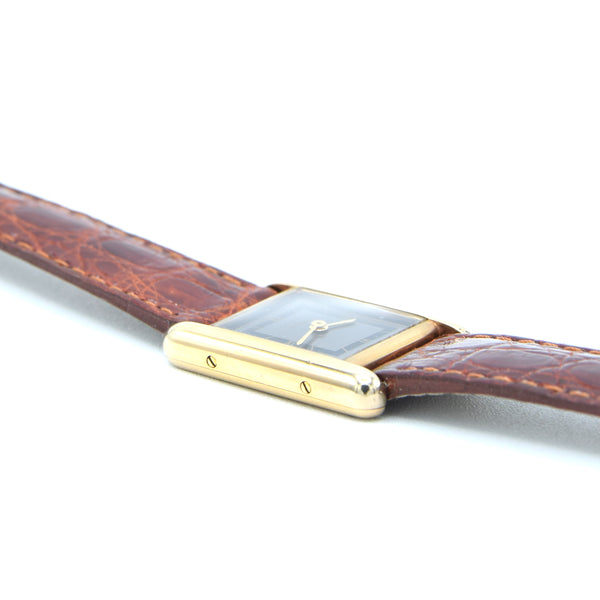 1990s Ladies Swiss Quartz Cartier Tank with Grey and Black Dial with Roman Numerals in Sterling Silver Gilt Vermeil