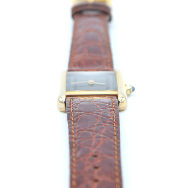 1990s Ladies Swiss Quartz Cartier Tank with Grey and Black Dial with Roman Numerals in Sterling Silver Gilt Vermeil