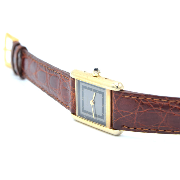 1990s Ladies Swiss Quartz Cartier Tank with Grey and Black Dial with Roman Numerals in Sterling Silver Gilt Vermeil