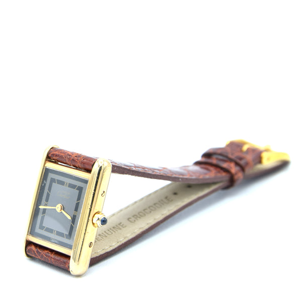 1990s Ladies Swiss Quartz Cartier Tank with Grey and Black Dial with Roman Numerals in Sterling Silver Gilt Vermeil