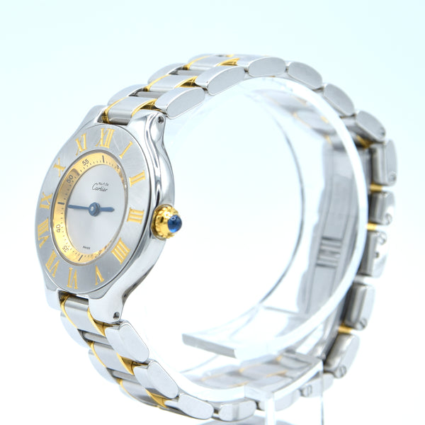 1990s Must De Cartier 21 Ladies Swiss Quartz Wristwatch in Gold and Steel on Bracelet Model 1340 With Original Box and Books