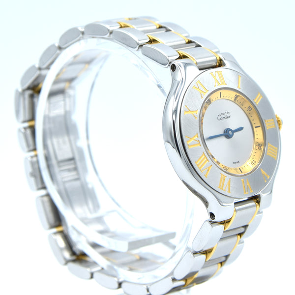 1990s Must De Cartier 21 Ladies Swiss Quartz Wristwatch in Gold and Steel on Bracelet Model 1340 With Original Box and Books