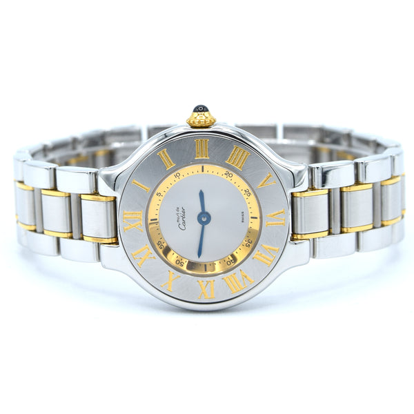 1990s Must De Cartier 21 Ladies Swiss Quartz Wristwatch in Gold and Steel on Bracelet Model 1340 With Original Box and Books