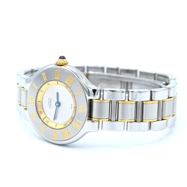 1990s Must De Cartier 21 Ladies Swiss Quartz Wristwatch in Gold and Steel on Bracelet Model 1340 With Original Box and Books