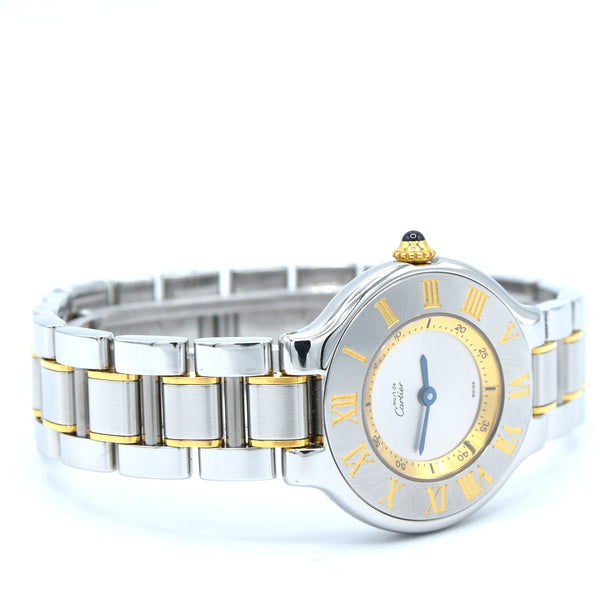 1990s Must De Cartier 21 Ladies Swiss Quartz Wristwatch in Gold and Steel on Bracelet Model 1340 With Original Box and Books