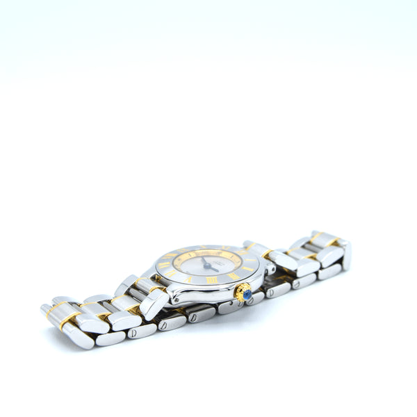 1990s Must De Cartier 21 Ladies Swiss Quartz Wristwatch in Gold and Steel on Bracelet Model 1340 With Original Box and Books