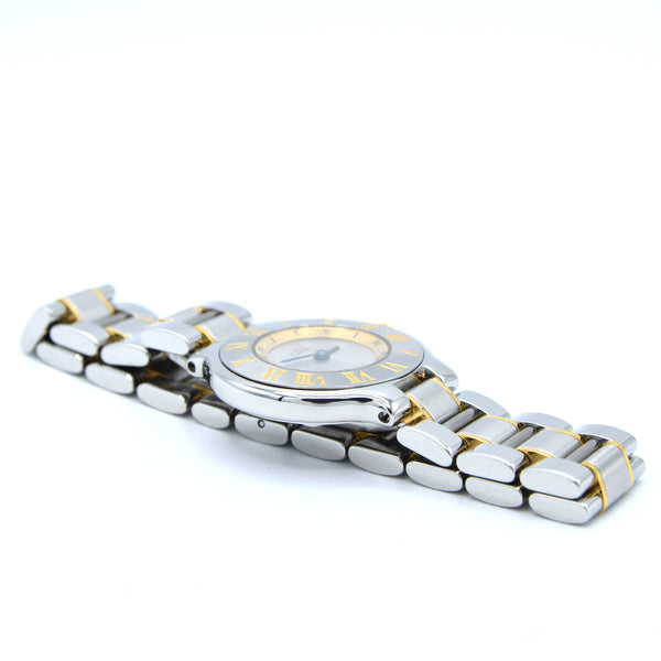 1990s Must De Cartier 21 Ladies Swiss Quartz Wristwatch in Gold and Steel on Bracelet Model 1340 With Original Box and Books