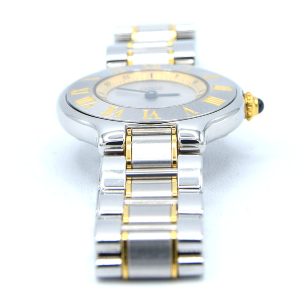 1990s Must De Cartier 21 Ladies Swiss Quartz Wristwatch in Gold and Steel on Bracelet Model 1340 With Original Box and Books