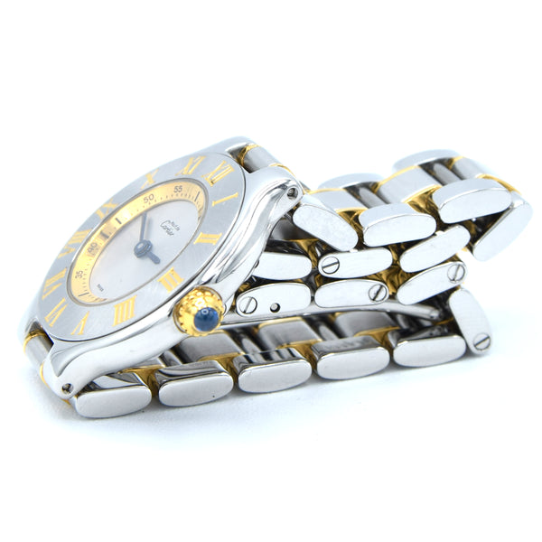 1990s Must De Cartier 21 Ladies Swiss Quartz Wristwatch in Gold and Steel on Bracelet Model 1340 With Original Box and Books