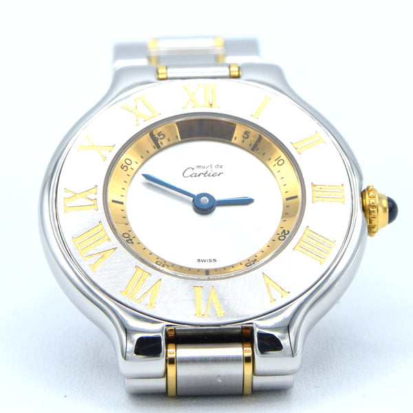 1990s Must De Cartier 21 Ladies Swiss Quartz Wristwatch in Gold and Steel on Bracelet Model 1340 With Original Box and Books