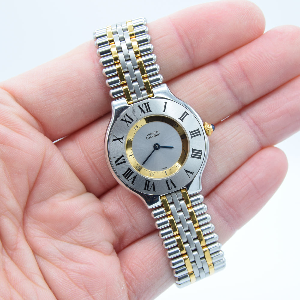 1990s Must De Cartier 21 Unisex Swiss Quartz Wristwatch in Gold and Steel on Bracelet Model 1330