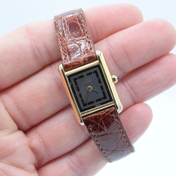 1990s Ladies Swiss Quartz Cartier Tank with Grey and Black Dial with Roman Numerals in Sterling Silver Gilt Vermeil