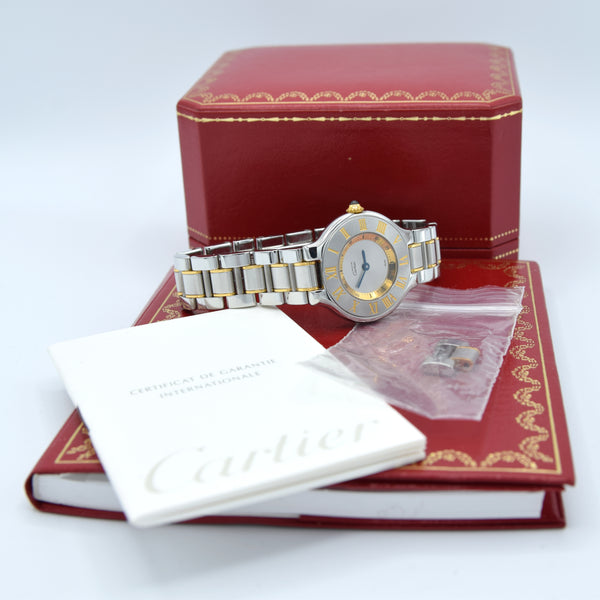 1990s Must De Cartier 21 Ladies Swiss Quartz Wristwatch in Gold and Steel on Bracelet Model 1340 With Original Box and Books