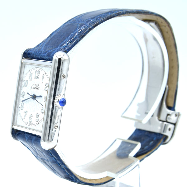 2000s Large Cartier Tank Date with Arabic Numerals Model 2414 in Silver with Deployment Clasp, Box and Books